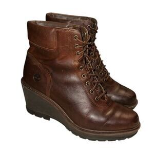 Timberland Womens Sz 9.5 Kellis Leather Ankle Boots Wedge Heel Brown All Weather